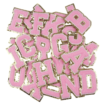 Pink Gold Border Iron On Adhesive Repair Alphabet Sewing Appliques with 3D Twill Fabric