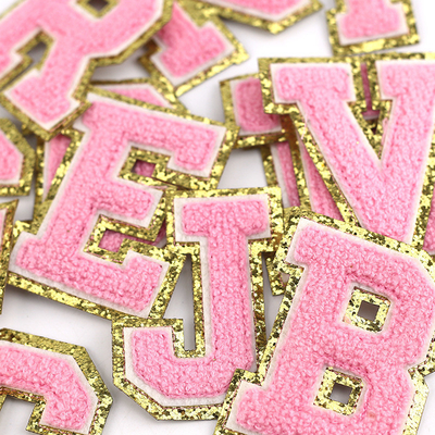Pink Gold Border Iron On Adhesive Repair Alphabet Sewing Appliques with 3D Twill Fabric