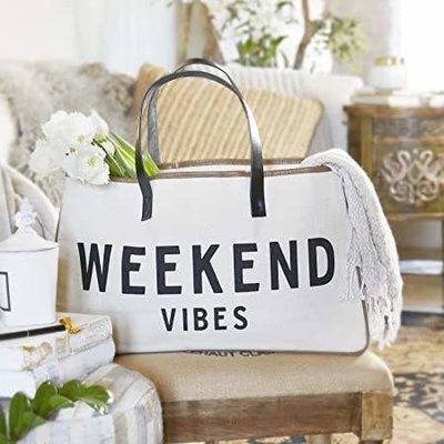 Custom Printed Large Canvas Travel Weekend Getaway Summer Beach Tote Bag with Leather Handles