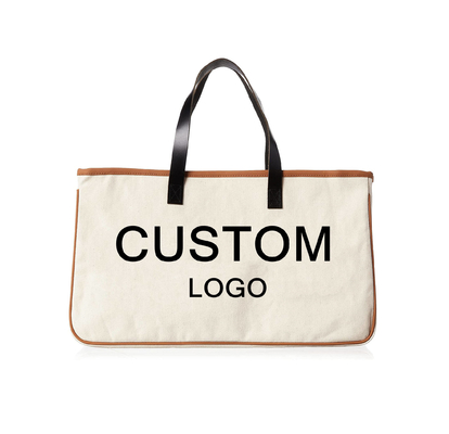 Custom Printed Large Canvas Travel Weekend Getaway Summer Beach Tote Bag with Leather Handles