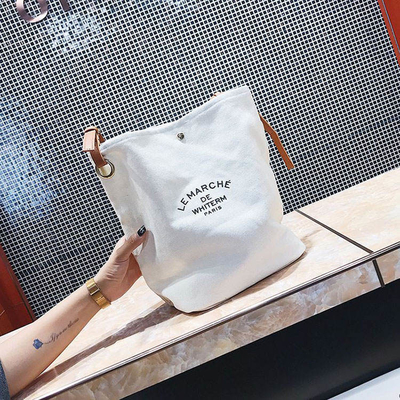 Supermarket Custom Logo Cotton Canvas Tote Shoulder Bags with Brown Leather Handles