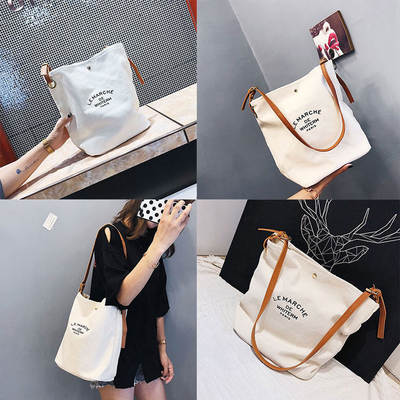 Supermarket Custom Logo Cotton Canvas Tote Shoulder Bags with Brown Leather Handles