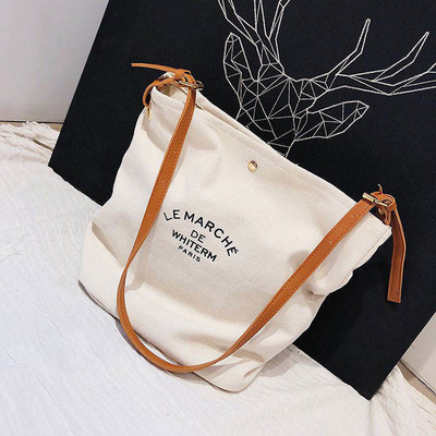 Supermarket Custom Logo Cotton Canvas Tote Shoulder Bags with Brown Leather Handles