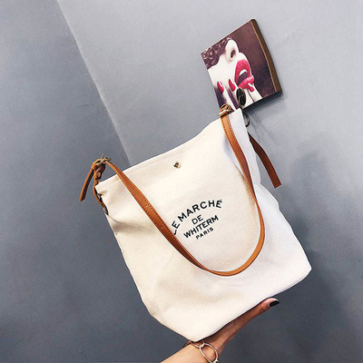Supermarket Custom Logo Cotton Canvas Tote Shoulder Bags with Brown Leather Handles
