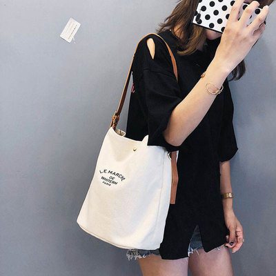 Supermarket Custom Logo Cotton Canvas Tote Shoulder Bags with Brown Leather Handles
