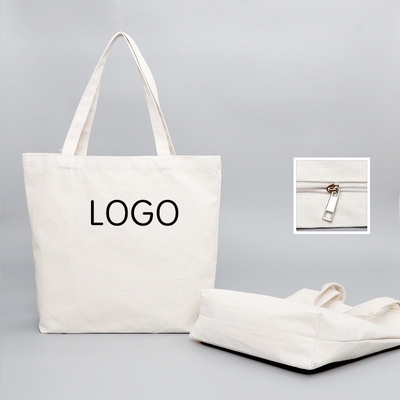 Grocery Customized Logo Printed Recycle Plain Organic Cotton Canvas Tote Shopping Bags with Zipper