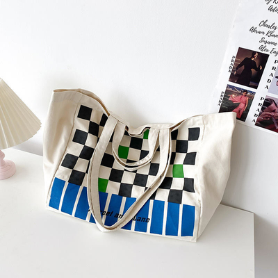 Custom Logo Heavy-duty Checkerboard Canvas Bag for Fashionable Color Contrast Shopping