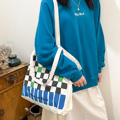 Custom Logo Heavy-duty Checkerboard Canvas Bag for Fashionable Color Contrast Shopping