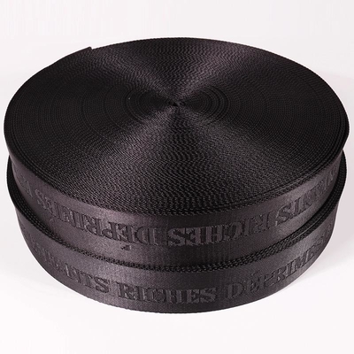 Custom Logo Woven Jacquard Strap Webbing in Black Color for 38mm Nylon Shoulder Strap