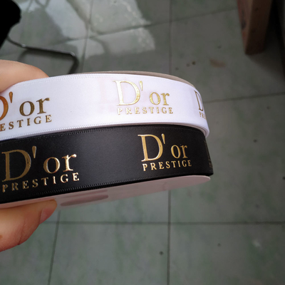 OEM Accepted Custom Gold Foil Printed 3D Logo Polyester Satin Ribbon for Gift Wrapping
