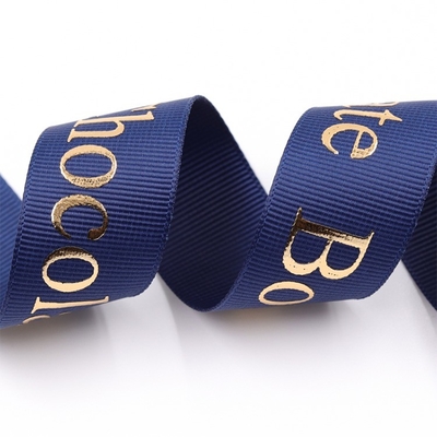 Custom Eco Friendly 3D Gold Foil Printed Black Silk Grosgrain Ribbon with Embossed Logo
