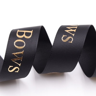 Custom Eco Friendly 3D Gold Foil Printed Black Silk Grosgrain Ribbon with Embossed Logo