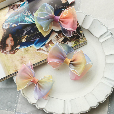 Gradient Curling Wave Edge Satin Fabric Rainbow Handmade Bow Ribbon Flowers Children's Hair Clip