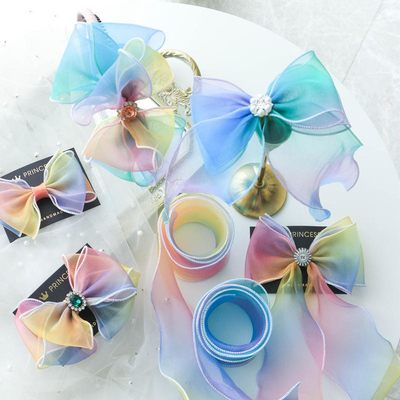 Gradient Curling Wave Edge Satin Fabric Rainbow Handmade Bow Ribbon Flowers Children's Hair Clip