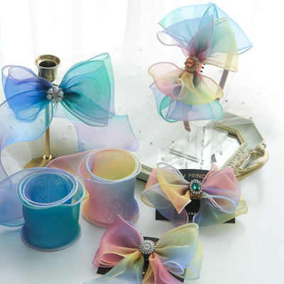 Gradient Curling Wave Edge Satin Fabric Rainbow Handmade Bow Ribbon Flowers Children's Hair Clip