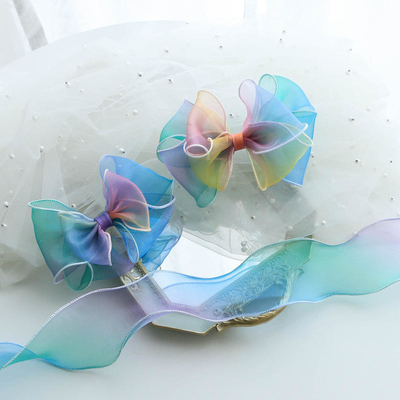 Gradient Curling Wave Edge Satin Fabric Rainbow Handmade Bow Ribbon Flowers Children's Hair Clip