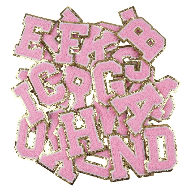 Pink Gold Border Iron On Adhesive Repair Alphabet Sewing Appliques with 3D Twill Fabric