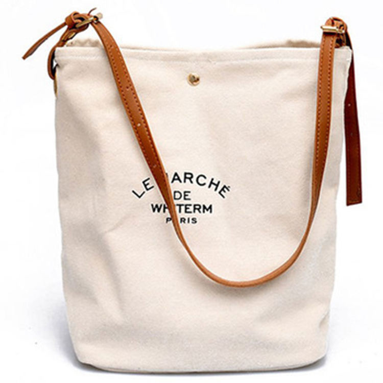 Supermarket Custom Logo Cotton Canvas Tote Shoulder Bags with Brown Leather Handles