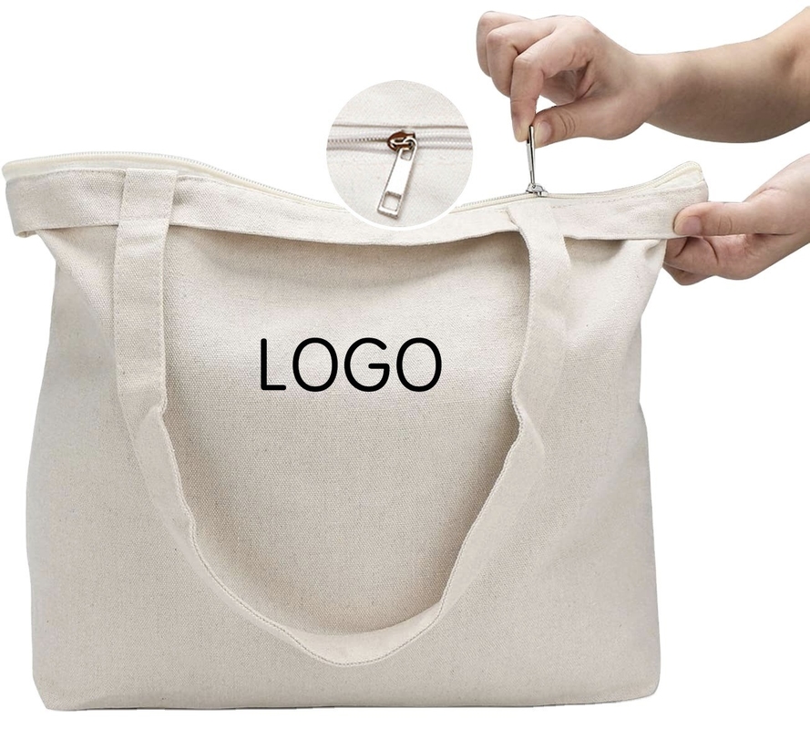 Grocery Customized Logo Printed Recycle Plain Organic Cotton Canvas Tote Shopping Bags with Zipper