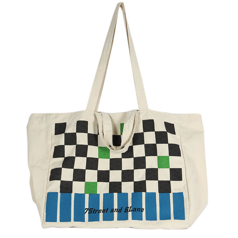 Custom Logo Heavy-duty Checkerboard Canvas Bag for Fashionable Color Contrast Shopping