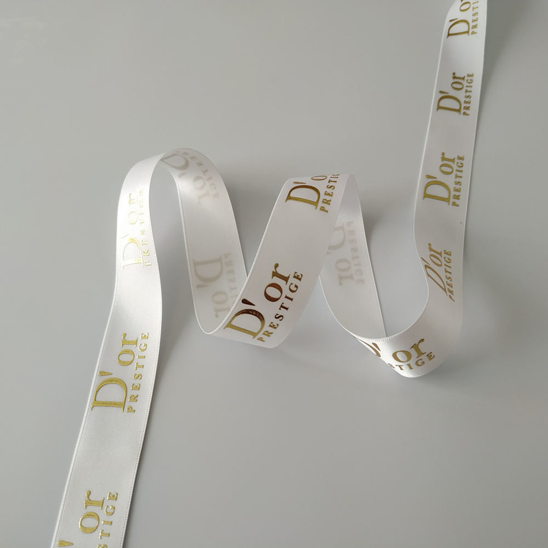 OEM Accepted Custom Gold Foil Printed 3D Logo Polyester Satin Ribbon for Gift Wrapping