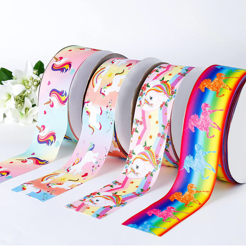 Silk Edge Unicorn Grosgrain Ribbon with Satin Fabric in 100% Polyester