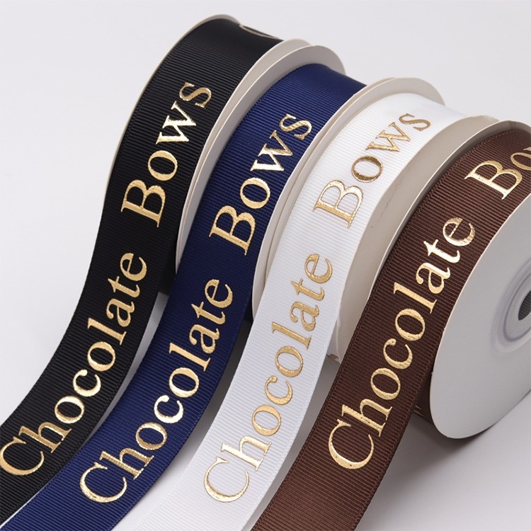 Custom Eco Friendly 3D Gold Foil Printed Black Silk Grosgrain Ribbon with Embossed Logo